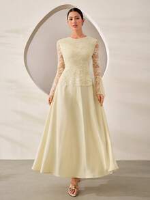 Graceveil Waist-Cinching Fitted Elegant Elegant Flared Solid Color Daily Women's Arabian Dress - Yellow - View 4