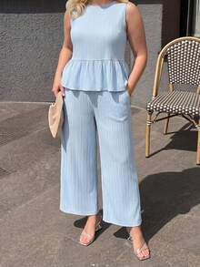 Dripcurv Women's Baby Blue Summer Smart Casual Vacation Two Piece Set,Textured Sleeveless Ruffled Pullover Top & Pocketed Wide-Leg Pants Plus Size Elegant - Blue - View 2