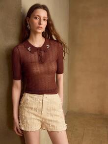 MOTF PREMIUM SPRING/SUMMER WOMEN'S FAUX PEARL RHINESTONE DECOR SEMI-SHEER FITTED HOLLOW KNIT TOP - Brown - View 6