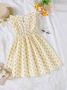 SHEIN Tween Girl Print Flutter Sleeve Dress, Back To School, Daily - Apricot - View 3