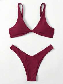 Swim Basics Bộ bikini 2 mảnh nữ đi biển mùa hè màu trơn, thắt nút xoắn, phong cách sexy thời trang - Màu Đỏ Sâu - Xem 3