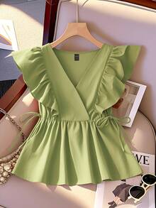SHEIN PariChic Women's Sweet French Style Cap Sleeve V-Neck Cropped Ruffle Hem Tie Front Blouse, Spring/Summer - Green - View 7