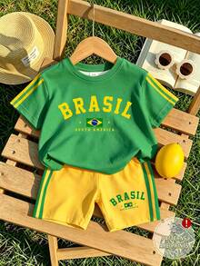 熱銷兒童夏季巴西 BRASIL 印花運動套裝，女嬰圓領短袖 T 恤 + 側條紋修身短褲 2 件套，黃綠配色拼接，復古美式運動風，親膚休閒運動風，適合幼兒園外出 / 日常穿著 / 拍照，舒適透氣 - 彩色 - 查看 2