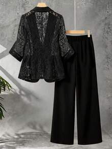GlowEve CURVE Plus Size Women's Versatile Contrast Lace Lapel Neck Jacket And Pants Elegant Suit Two Pieces Set - Black - View 2