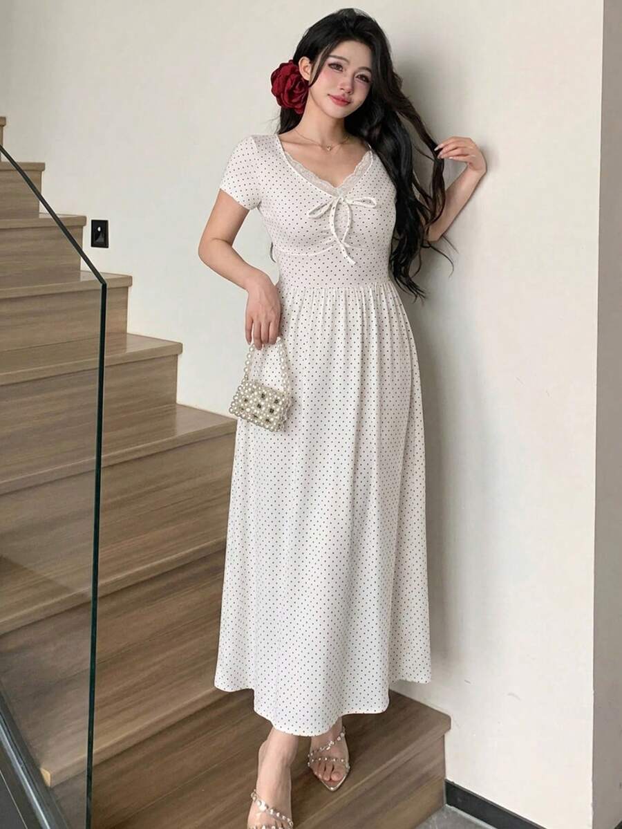 Dazy Tall 女款高個子長袖圓點蕾絲拼接休閒T恤,適合高個女孩 - 彩色 - 查看 1