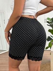 SHEIN Frenchy 大尺碼女款圓點印花對比蕾絲飾邊內搭短褲 - 彩色 - 查看 3