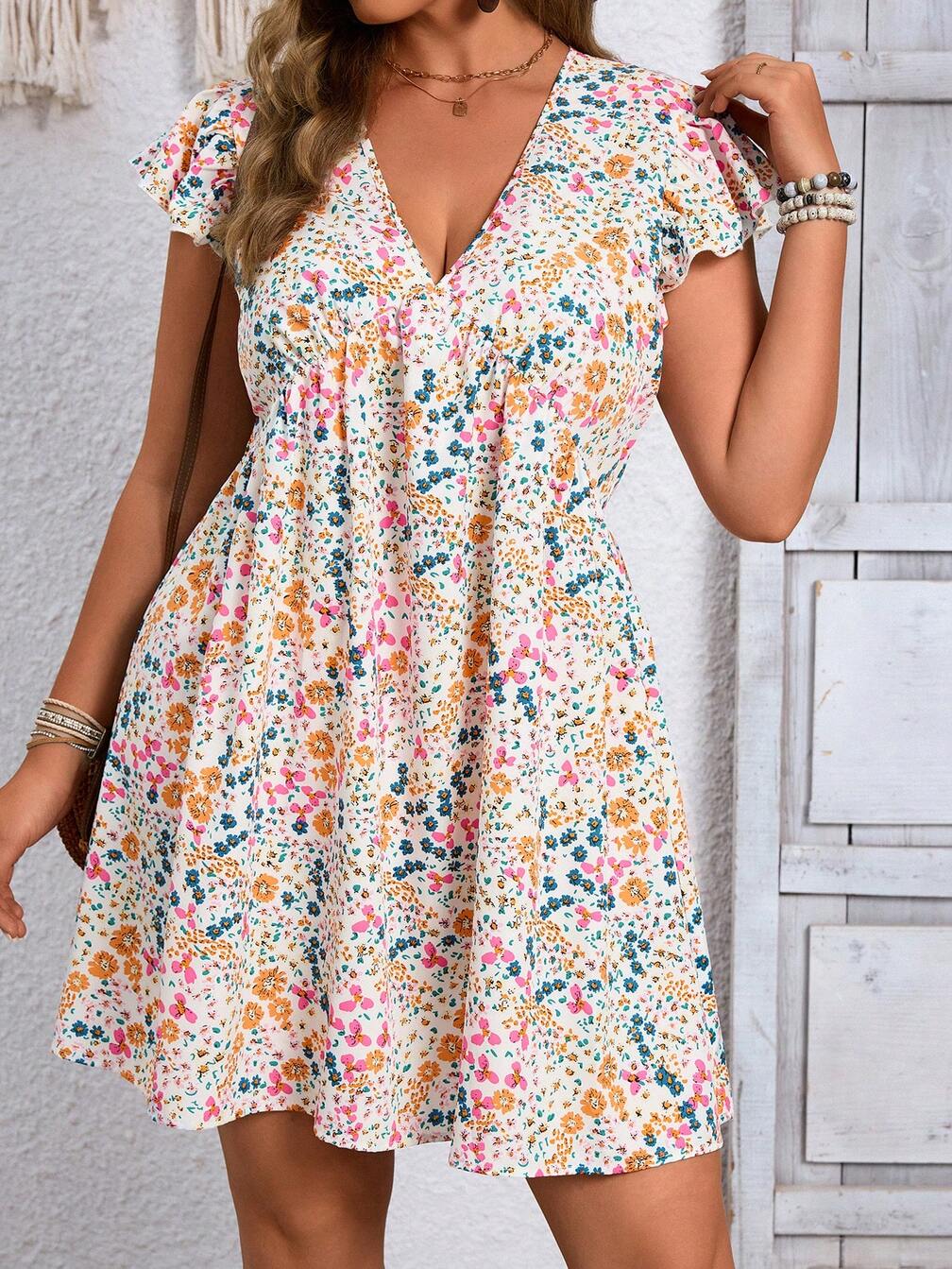 plus size short flowy dresses Women's Plus Size Square Neck Dress, Summer Puff Sleeve Tie Waist A Line Short Dress, Casual Flowy Curvy Dress