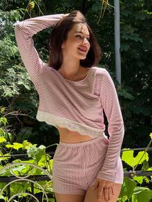 DAZY Women's Striped Lace Patchwork Long Sleeve Top And Shorts Casual Daily Homewear Set Pajamas - Red - View 4