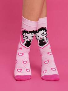 Betty Boop x SHEIN 2雙女款可愛卡通角色圖案中筒襪，禮物，XOXO，親吻，愛，禮物靈感，派對，節日，情人節 - 彩色 - 查看 5