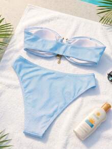 Swim Mod 2件組女款海灘套裝，時尚可愛度假海灘泳池派對優雅波點印花金屬鏈式無肩帶可拆式肩帶平口上衣 & 性感比基尼下裝套裝 - 彩色 - 查看 2