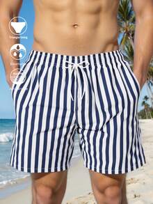 Manfinity Swimmode Men's Striped Drawstring Waist Beach Shorts, Holiday - Blue and White - View 5