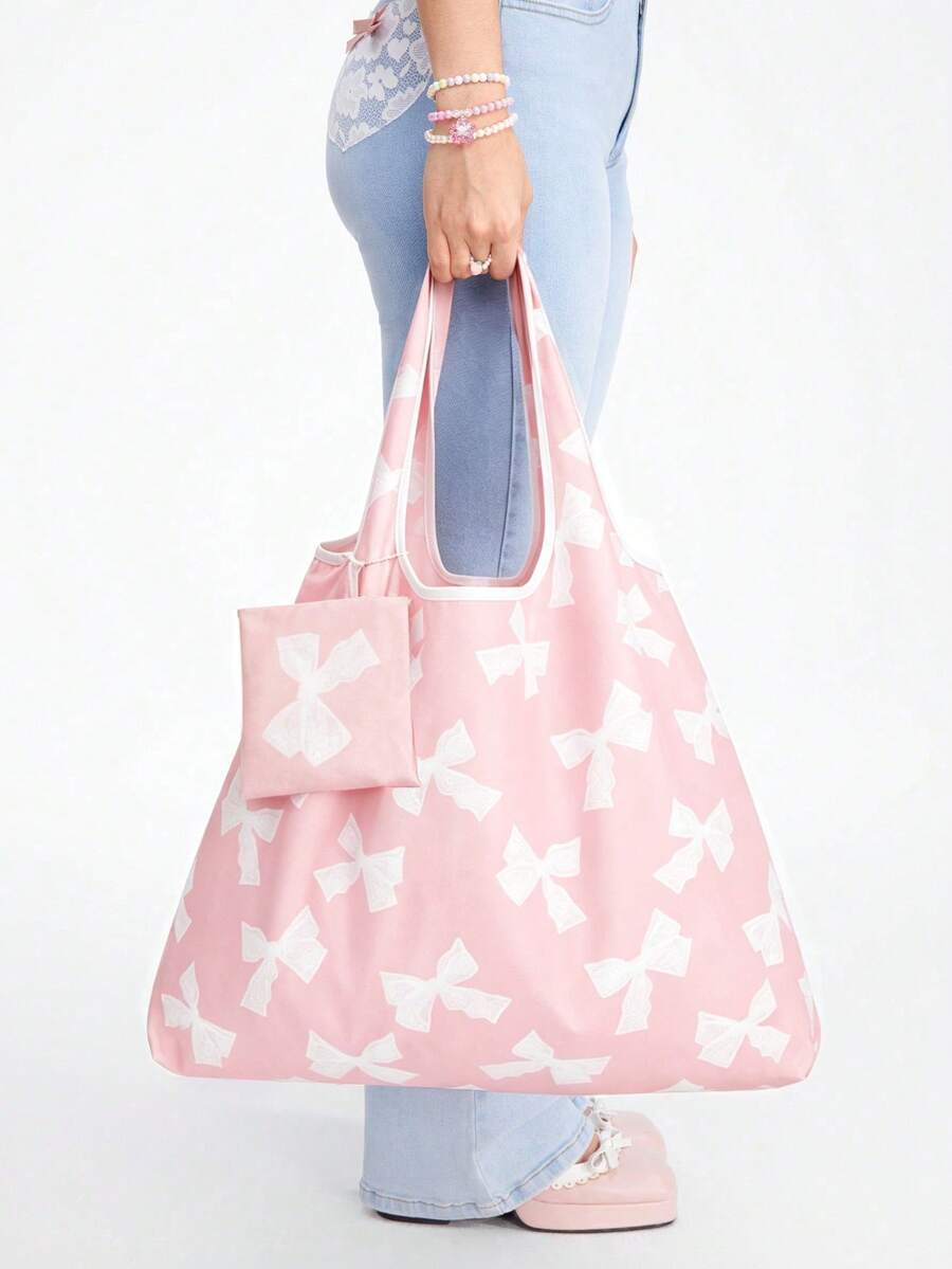 ROMWE Kawaii Bolsa de almacenamiento con estampado de lazos en todo el diseño, bolsa de compras plegable de gran capacidad y portátil con monedero - Rosado Sandía - Ver 1