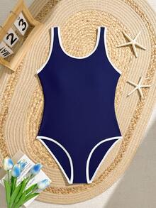 SHEIN Traje de baño de una pieza con doble tirante azul marino, lindo, casual y modesto para niña preadolescente, estilo elegante y sofisticado de dama, adecuado para vacaciones de verano, playa, y piscina - Azul Marino - Ver 2