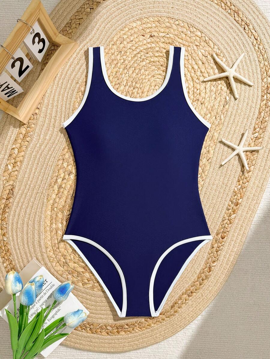 SHEIN Traje de baño de una pieza con doble tirante azul marino, lindo, casual y modesto para niña preadolescente, estilo elegante y sofisticado de dama, adecuado para vacaciones de verano, playa, y piscina