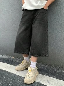 SHEIN 兒童青少年男孩口袋鈕扣休閒街頭風百搭日常穿著校園牛仔長褲返校深色水洗夏季 - 黑色 - 查看 4