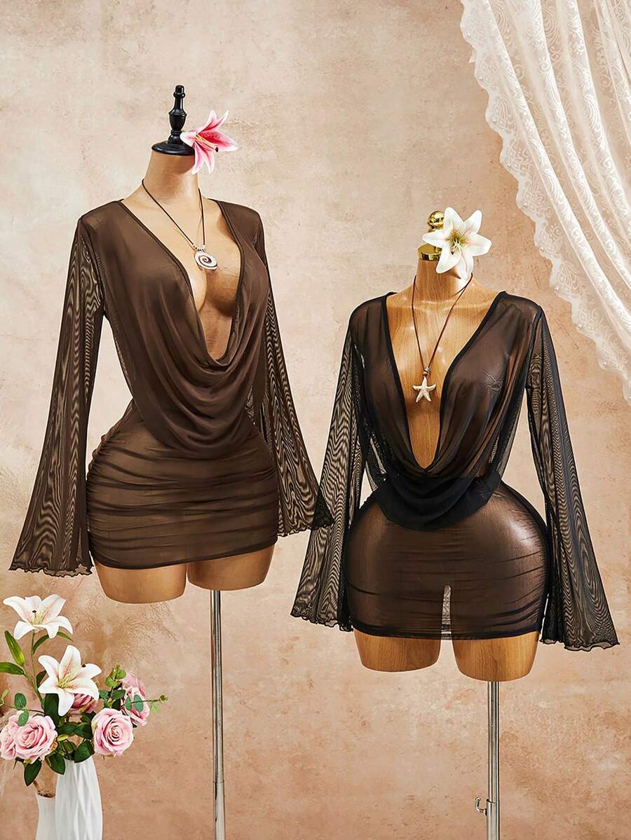 SHEIN 女款素色披肩領壓褶休閒度假罩衫洋裝 2件組 - 彩色 - 查看 1