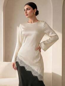 Graceveil Elegant Lace Patchwork Asymmetric Long Sleeve Top, Apricot, Suitable For Women, Spring/Summer Clothing - Apricot - View 2