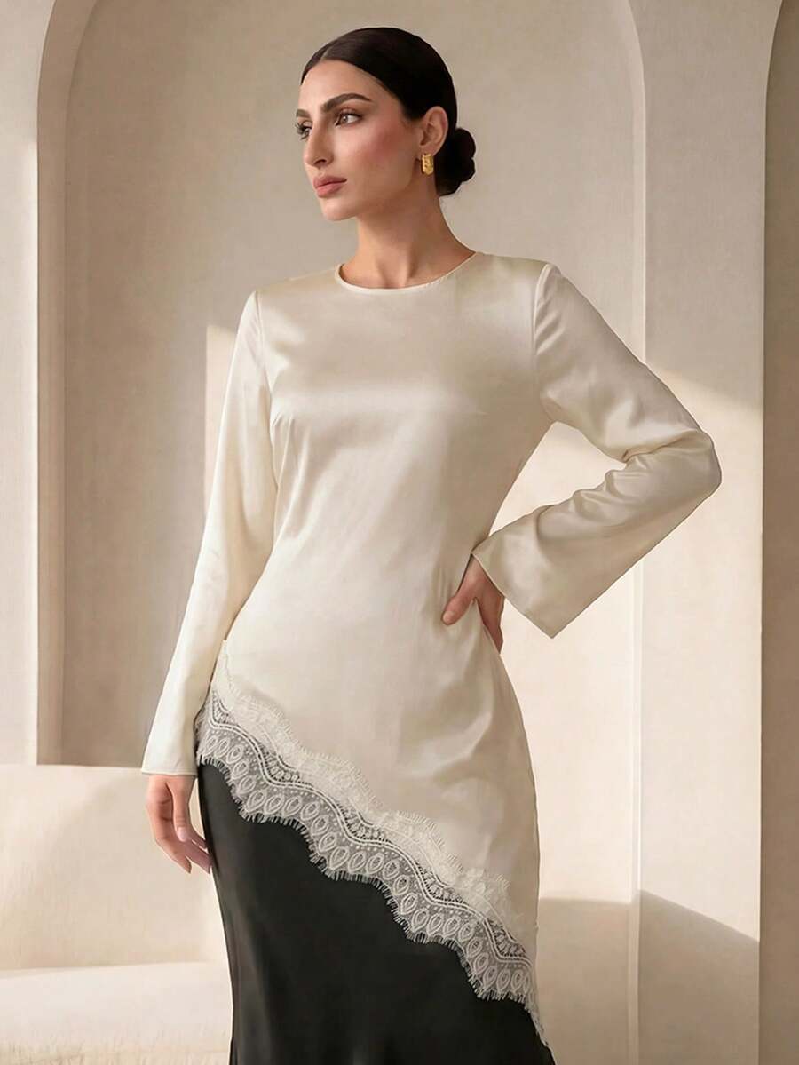 Graceveil Elegant Lace Patchwork Asymmetric Long Sleeve Top, Apricot, Suitable For Women, Spring/Summer Clothing