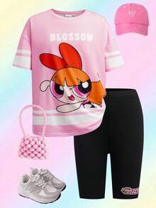 THE POWERPUFF GIRLS X SHEIN 2件套运动风少女套装，宽松圆领短袖T恤搭配舒适紧身短裤 - 彩色 - 查看 1