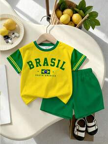 [2pcs]Young Girls, American Vintage / Sporty Casual / Street Cool / Energetic Style Yellow & Green Colorblock Brazil Theme Raglan Short Sleeve Top + Solid Green Shorts Set, Lightweight Fabric, Suitable For Daily Outings, School Wear, Casual Travel In Spring, Summer, And Autumn. - Multicolor - View 5
