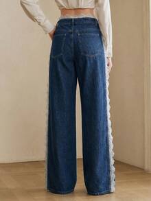Anewsta Washed Blue Lace Trim Patchwork Straight Leg Jeans - Navy Blue - View 5