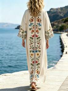 Ceyna Plus Size Deep V-Neck Symmetrical Placement Print Long Loose Dropped Shoulder Dress - Apricot - View 3