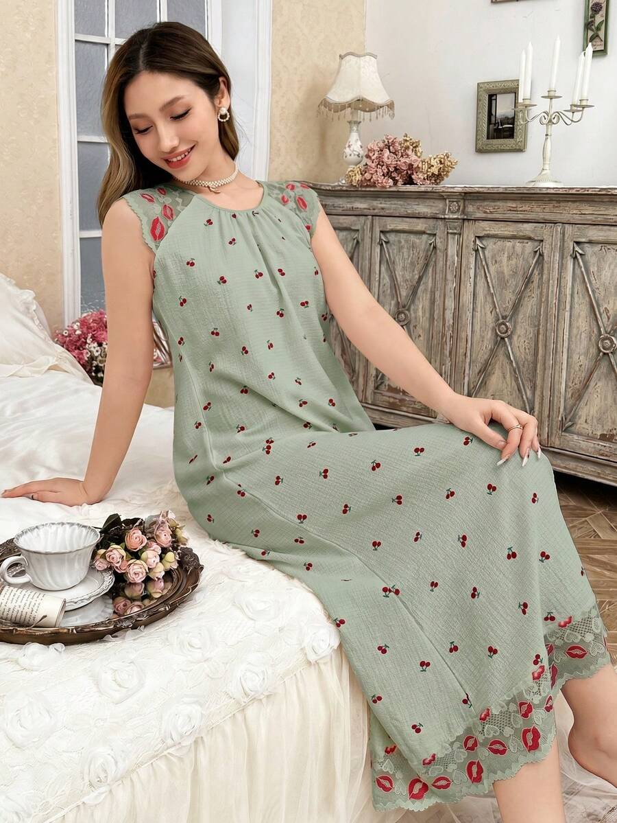 CottageSlumber Red Lip Custom Embroidered Lace Black Base Cherry Ditsy Floral Women's House Dress - Green - View 1