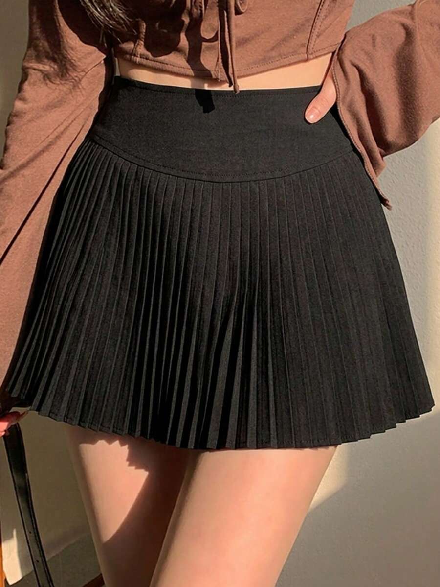 DAZY 女款高腰素色百褶內襯裙 - 黑色 - 查看 1