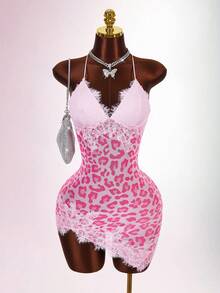 Amplova Women's Camisole Lace Leopard Print Patchwork Design Mini Dress - Pink - View 4