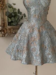 Lovelzi Elegant Light Blue Jacquard Fabric Strapless Backless A-Line Skirt Ball Gown, Fashionable Dress For Graduation,Wedding Event,Birthday Party - Blue - View 7