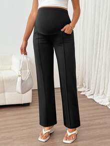 SHEIN Legging Santai Hamil Warna Polos dengan Pinggang yang Dapat Diatur - Hitam - View 7