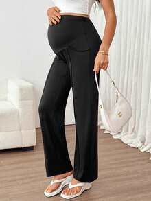 SHEIN Legging Santai Hamil Warna Polos dengan Pinggang yang Dapat Diatur - Hitam - View 8