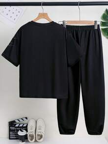SHEIN 兒童 2件/套 青少年男童休閒視覺螢光動物圖案短袖圓領套裝，適合夏季男童 2件套 青少年男童短套裝 男童夏季套裝 男童圖案T恤與短褲套裝 男童服裝套裝 適合春/夏，日常穿著、運動、外出、學校、派對、節日、拍照 - 黑色 - 查看 3