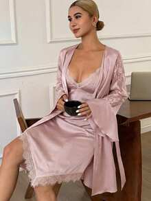DAZY Summer Charming Satin Lace Patchwork Ruffle Sleeve Robe & Waist-Cinching Camisole Short Nightgown Set For Women - Pink - View 1