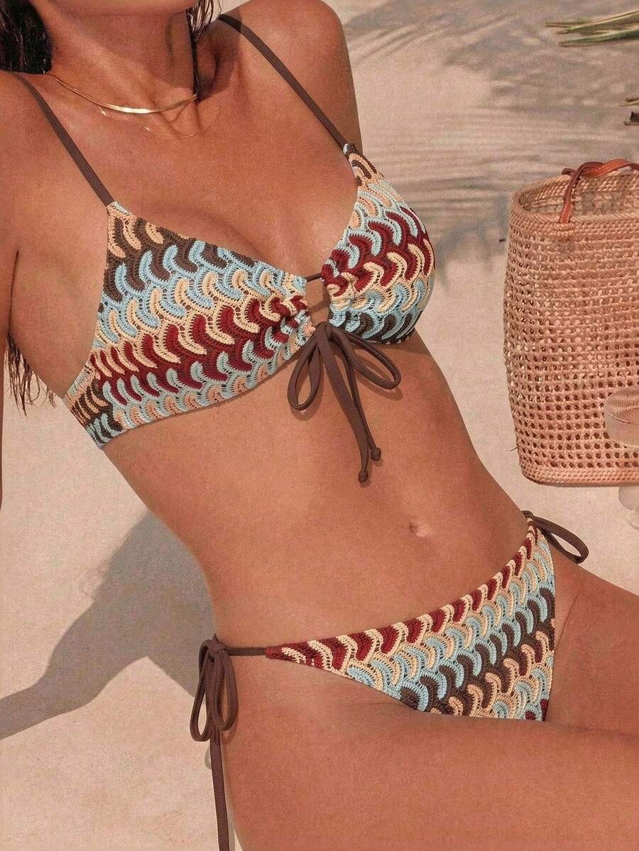 Swim SXY 女款夏季海灘全身印花側綁帶丁字褲性感比基尼兩件式泳衣無鋼圈 - 彩色 - 查看 1
