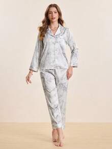 Hourtrue 2pcs Women's Ink Printing Ice Silk Simple Home Wear Long Sleeve Top And Pants Pajama Set, Two Pieces Set, Fall Winter Clothes - Grey - View 4
