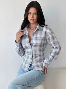 Firerie 女款淺藍色格紋條紋長袖襯衫，後背抓皺，日常通勤教師風，開學季，收腰顯身材，春夏秋 90 年代風 - 彩色 - 查看 5