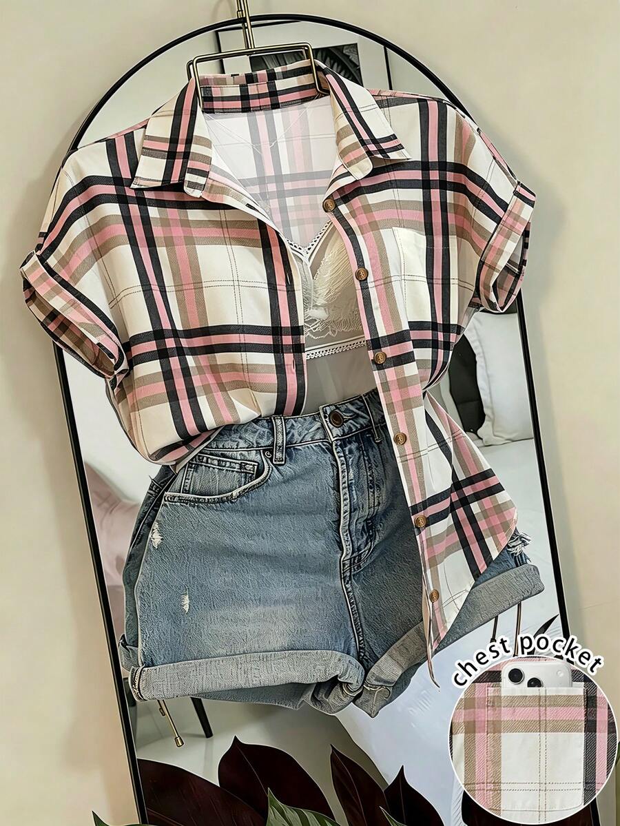 EMERY ROSE Women's Striped Pattern Short Sleeve Button-Up Front Cuffed Sleeve Pocket Vacation Shirt - Multicolor - View 1