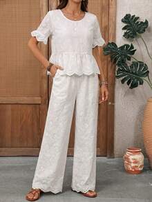 EMERY ROSE Women's Vacation Hollow Embroidery Ruffle Hem Shirt And Pants Casual 2 Pieces Set - White - View 10