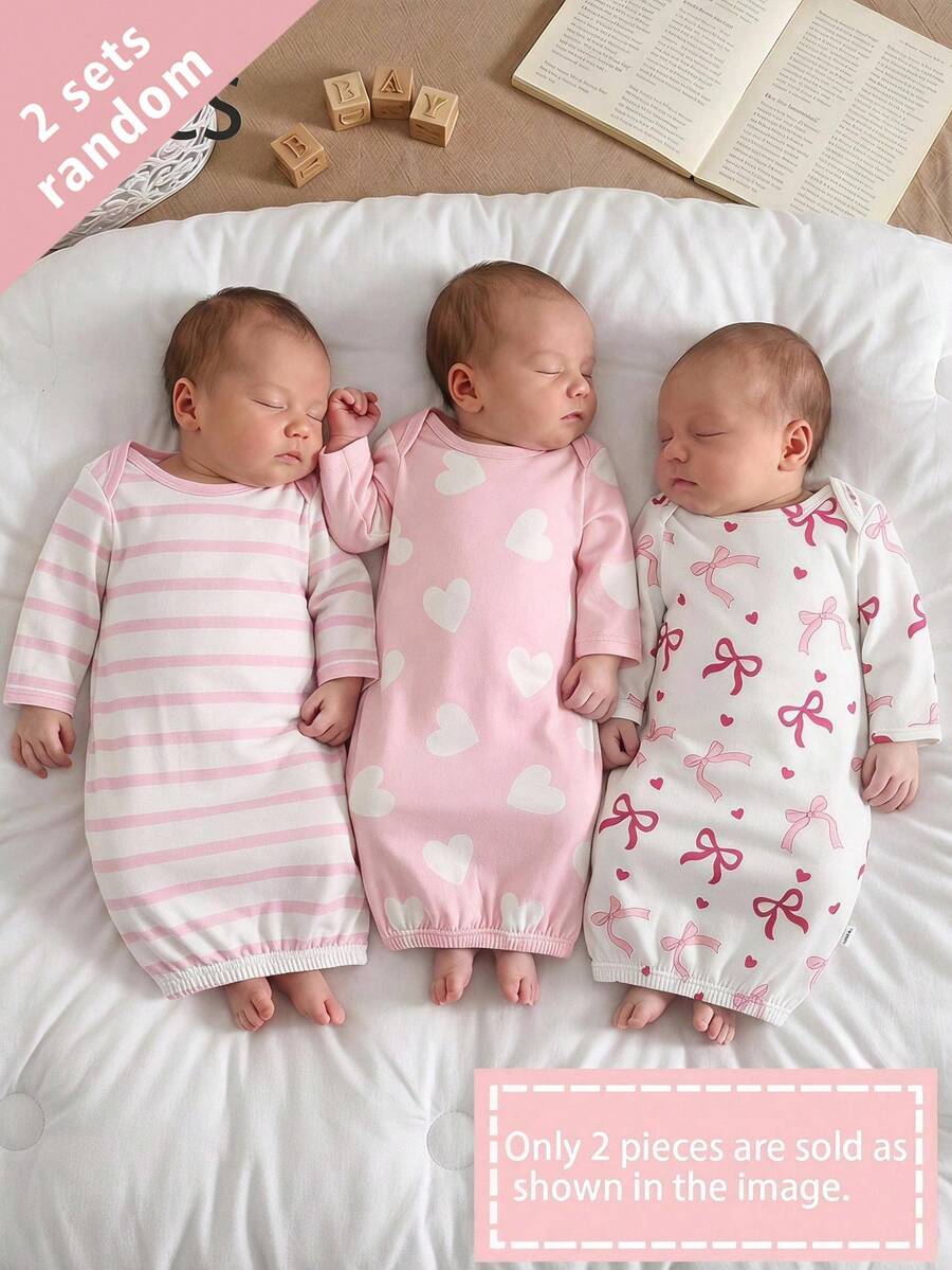 [3 Sets Randomly Send 2 Sets]Newborn Long Sleeve Pink Striped Bow Heart Pattern Long Sleeve Pajamas 2-Piece Set Combination Sleeping Bag, Peaceful Sleep At Night - Multicolor - View 1