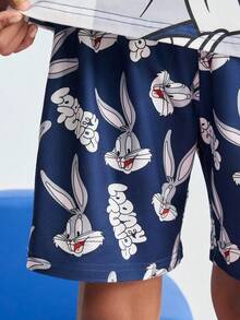 LOONEY TUNES X SHEIN 青少年男孩卡通兔子印花休闲短袖 T 恤和短裤舒适睡衣套装 - 彩色 - 查看 7