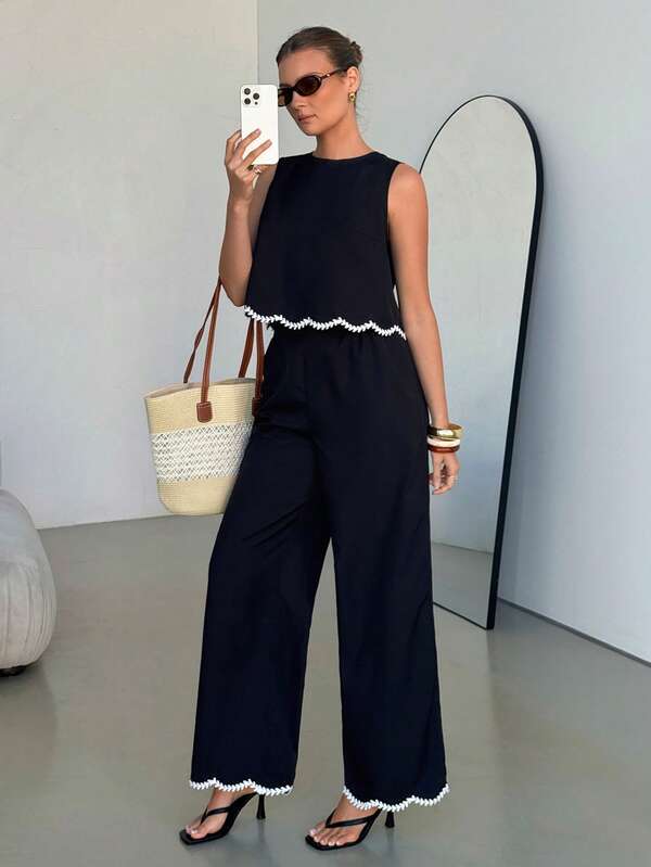 Lavishia Women's All-Season 2pcs Casual Sleeveless Top And Wide Leg Pants Set, Beige Two Pieces Set, Linen Two Pieces Set, Cream Two Pieces Set, Two Pieces Pants Set, Comfortable Two Pieces Set, Back Bow Tie Top Two Pieces Set, Wavy Hem Sleeveless Shirt Two Pieces Set, Fall Women Clothes, Old Money, Simple, Vacation Summer Casual Holiday Resort