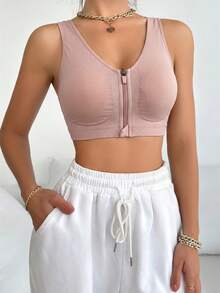 SHEIN 1件女款素色前拉鍊舒適休閒內褲 - 粉色 - 查看 4
