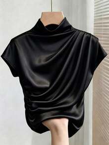 Franclia 大尺碼緞面優雅百褶短袖上衣 T-shirt - 黑色 - 查看 1