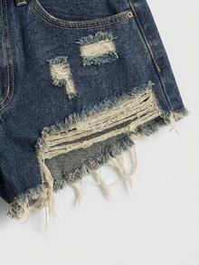 ROMWE Summer Vacation Daisy Floral Embroidered Distressed Denim Shorts - Blue - View 4