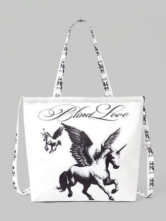 Grunge Punk Borsa tote in tela vintage gotica con unicorno, borsa a spalla stampata, borsa casual riutilizzabile di grande capacità