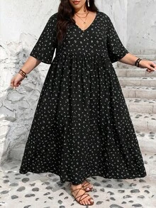 SHEIN CURVE+ 大尺碼 US22 音樂節、海邊度假、波希米亞風女款 V 領碎花印花抓皺休閒度假日常洋裝 - 黑色 - 查看 5