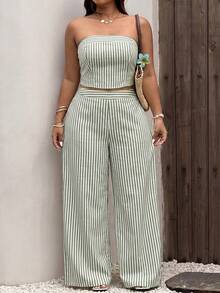 Sunnyshic Conjunto casual de dos piezas para mujer talla grande con top bandeau a rayas y pantalones de pierna ancha - Verde - Ver 5