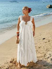SHEIN MOD Vestido Maxi de Talla Grande con Decoración de Estrella de Mar de Metal, Bajo con Volantes y Gasa - Blanco - Ver 8