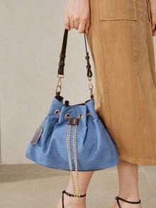 MOTF WOMEN'S FASHION SHOULDER BAG, CASUAL RETRO BLUE SPLICING, EXQUISITE CHAIN TOTE BAG, SUITABLE FOR DAILY, COMMUTING, SHOPPING, VACATION, TRAVEL, VERSATILE - Blue coffee - View 1